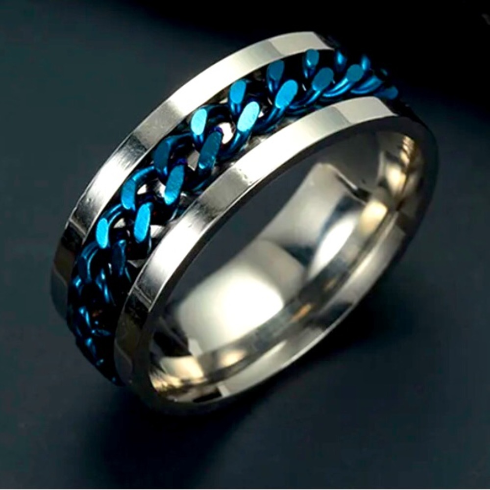 Stainless Steel Blue Chain Fidget Spinner Anxiety Ring - Size 9
